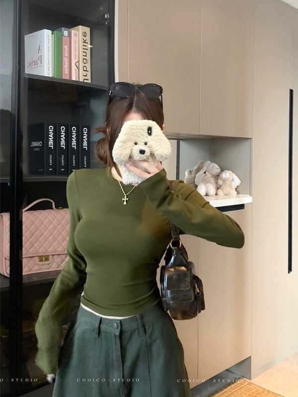 复古正肩长袖T恤女2025秋季新款设计感修身显瘦短款掐腰打底上衣|undefined