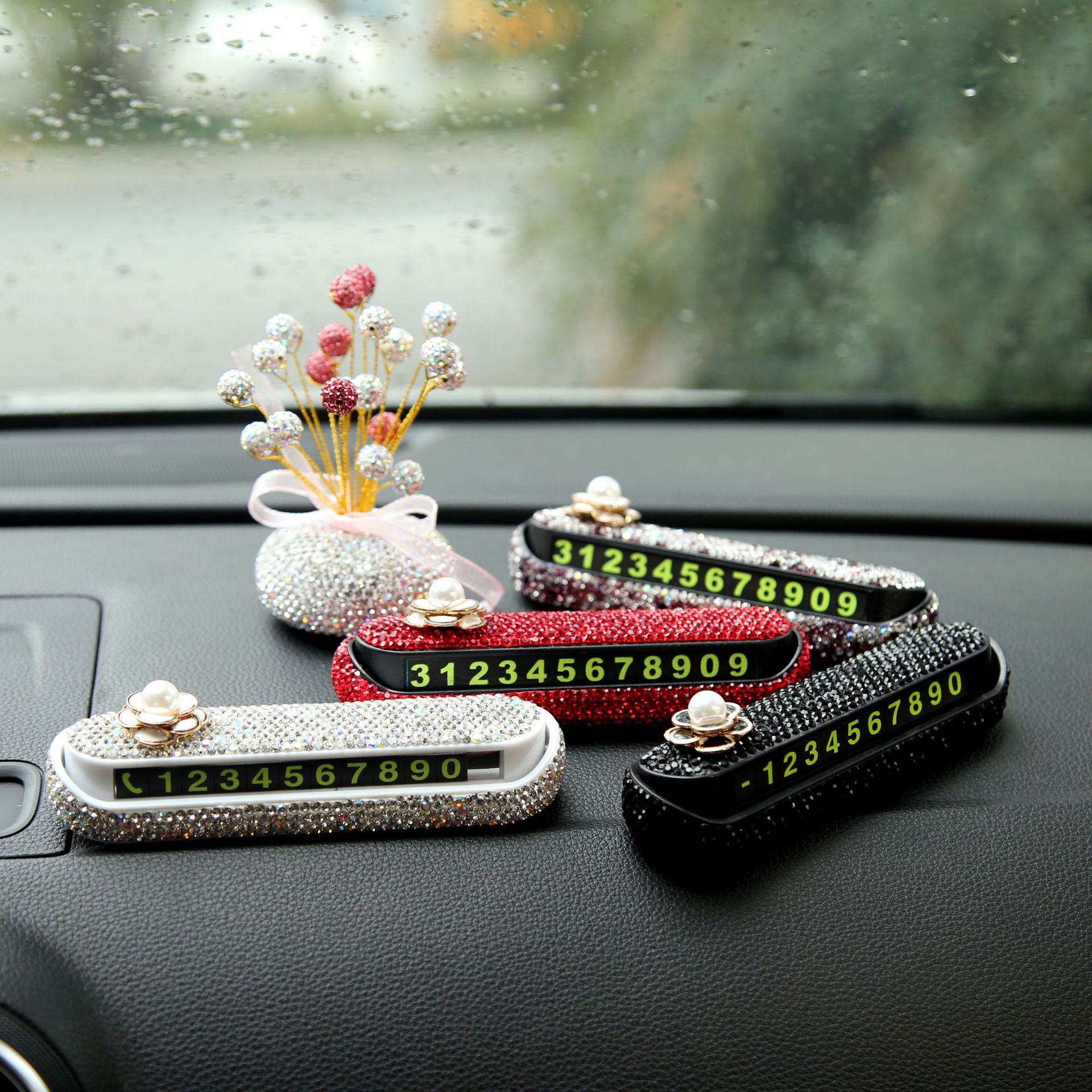 停車號碼牌女士專用車輛臨時停車內擺件手機 車載山茶花移車牌