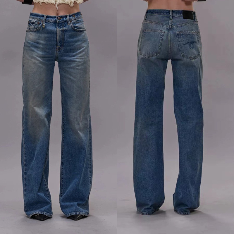 2025 Autumn and Winter New European and American R/13 Same Style Mid-Waist Tencel Distressed Micro-Elastic Denim Flared Pants for Women