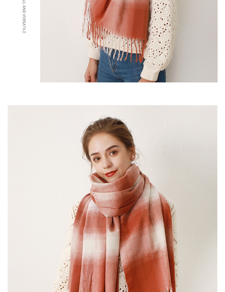 Gradient plaid faux cashmere tassel scarf for women's oversized warm and soft shawl_voghion.com