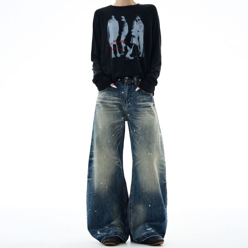 Men's Straight-Leg Loose Scimitar Wide-Leg American High Street Jeans Trendy Versatile Retro Washed Long Pants