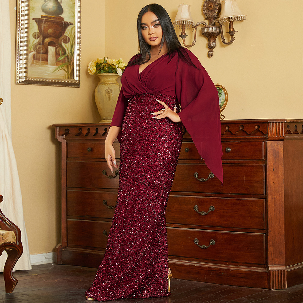 GraceChic Cross-Border European And American Plus Size Elegant Sexy Pailletten V-Ausschnitt Langarm Abendkleid für Brautjungfern_voghion.com