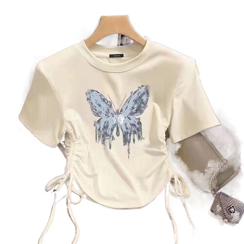 Women's Apricot Short-Sleeve T-Shirt Summer Style for Girls and Big Kids with Drawstring Design, Star Print Graphic Top Trendy