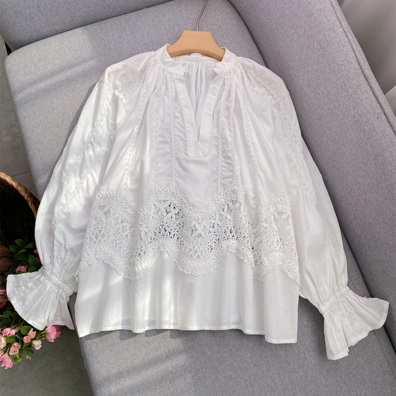 White Ramie Lace Hollow Trumpet Long-Sleeved Shirt Loose Casual Commuting Top Bohemian Style