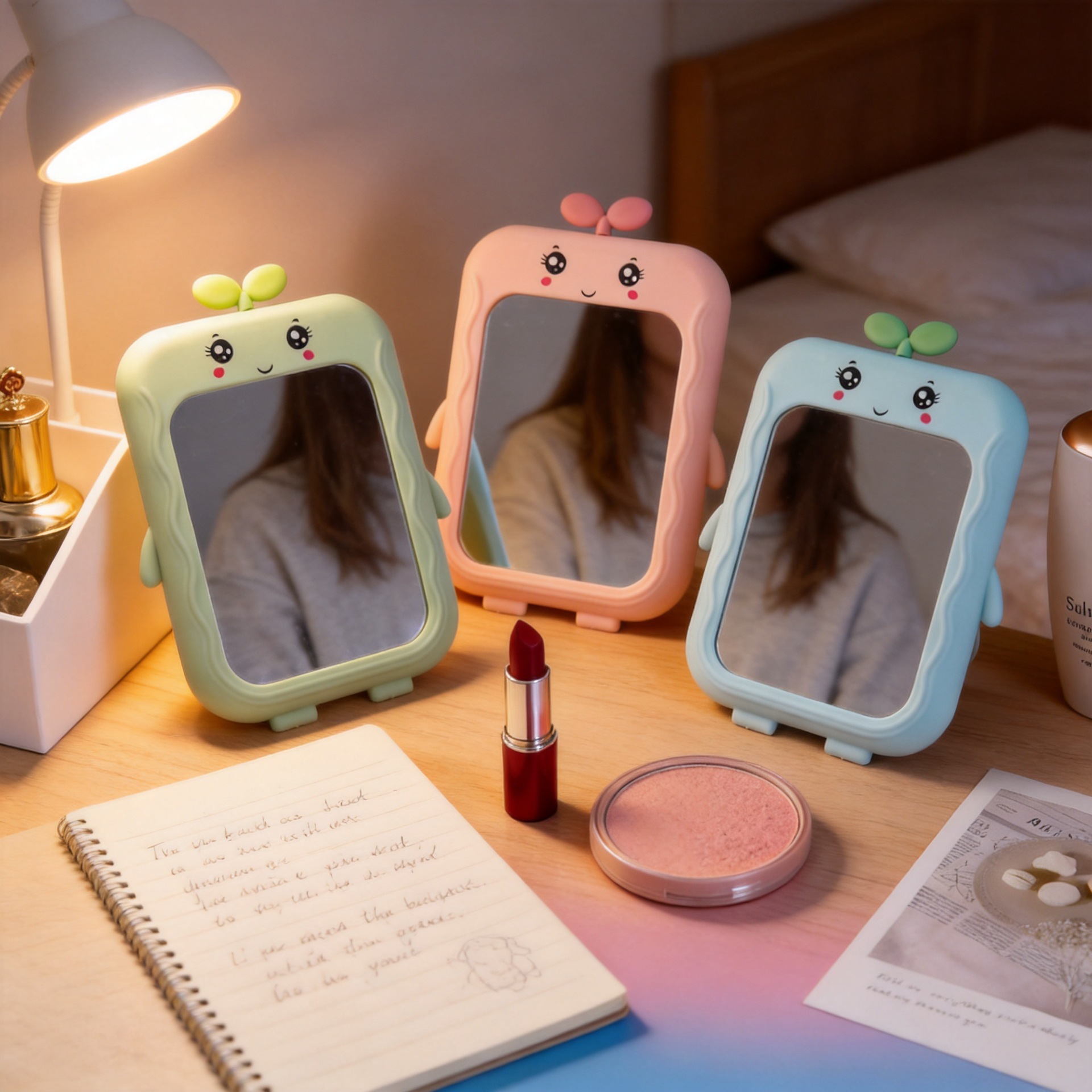 Dibujos Animados plegable maquillaje espejo escritorio tocador espejo con soporte estudiante dormitorio Internet celebridad portátil lindo pequeño espejo