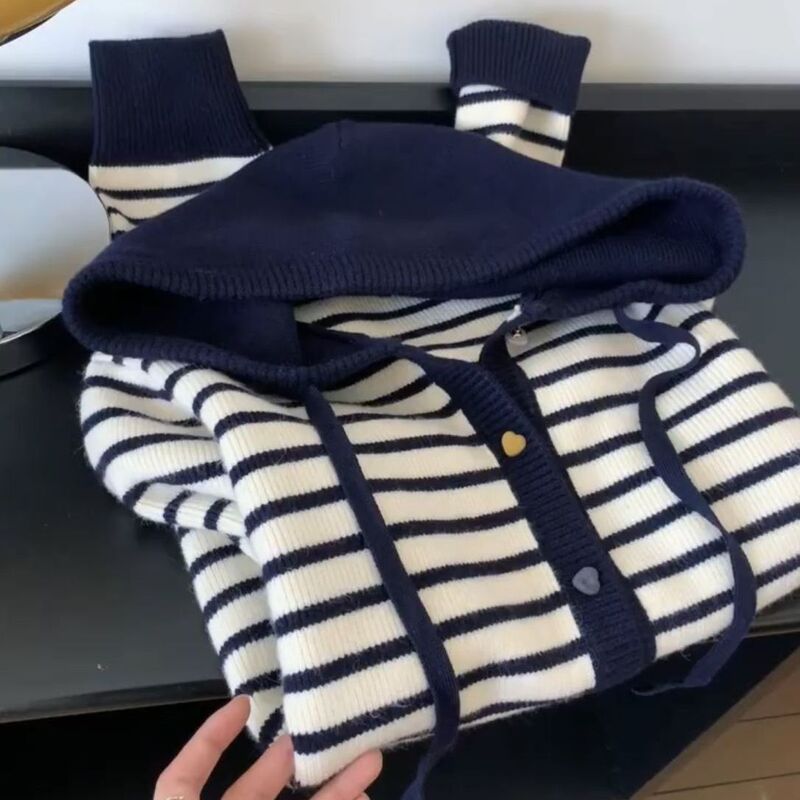 Fashionable and simple colorful buttoned hooded striped sweater cardigan for women, new autumn loose and slimming knit cardigan jacket Fashionable and simple colorful buttoned hooded striped sweater cardigan for women, new autumn loose and slimming knit cardigan jacket