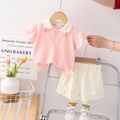 韓版童套裝兒童翻領Polo衫童裝女童純色花邊短袖童T恤夏裝兩件套