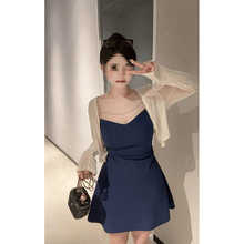 大码薄款防晒衫连衣裙套装女夏季胖显瘦法式气质甜美短款吊带裙