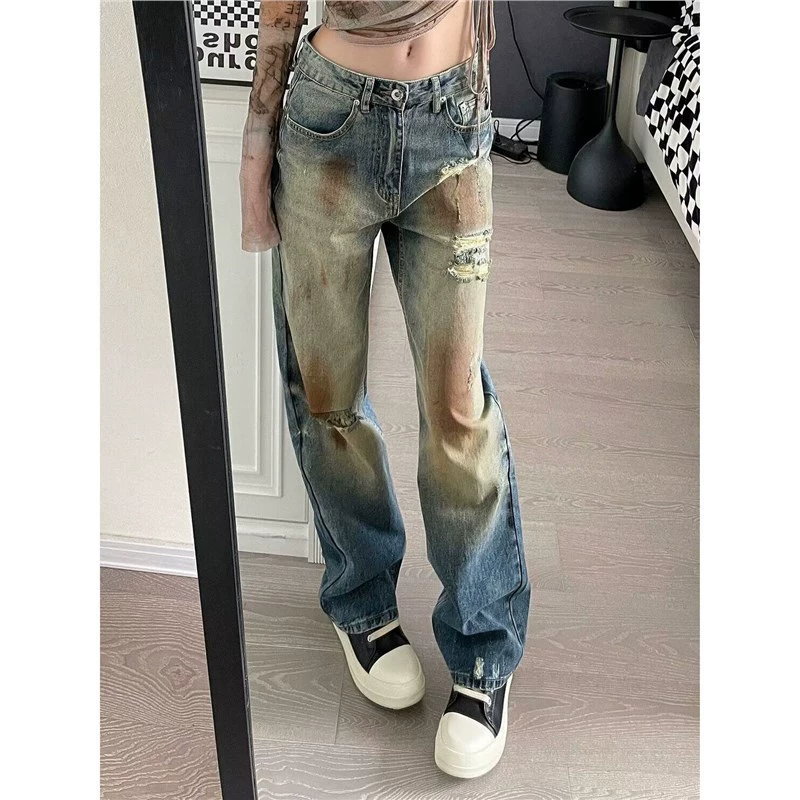 Большие размеры ins джинсы дыры модная пара брюки Nittle Nich прямой волны для мужчин и женщин в американском стиле ретро широкие ноги