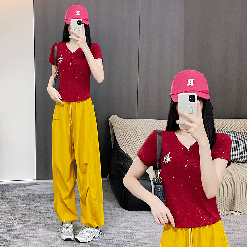 Square Dance Influencer Style Sequin Summer Short-Sleeve Base T-Shirt Design Slim New Top Y-Neck Button