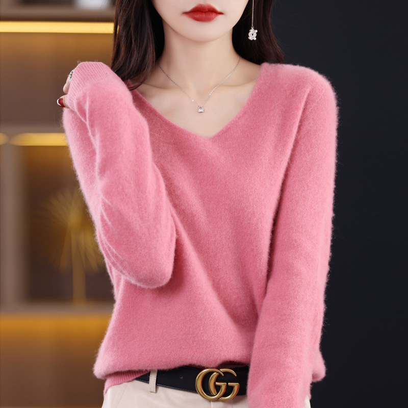 100 Wool Sweater for Women 24 Spring & Fall New Style Curled V-Neck Sweater Loose Pullover Long-Sleeved Cashmere Aunt Knitted Cashmere