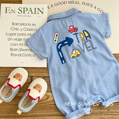 Baby cartoon jumpsuit 0-2 years old summer male baby fashionable printed romper baby Korean style clothes trendy AL061