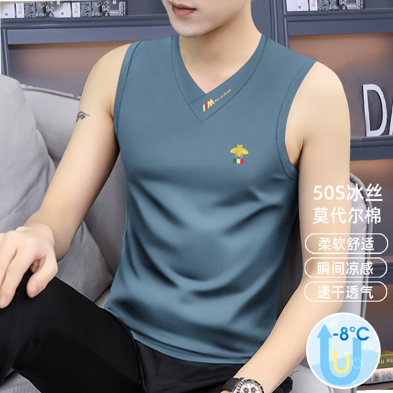 2025 New V-neck Vest Men's Sleeveless T-shirt Fitness Vest Quick-drying Sweatshirt Summer Modal Ice Silk