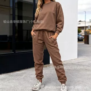 欧美跨境2026春秋季纯色圆领套头卫衣女新款时尚休闲长袖卫裤套装