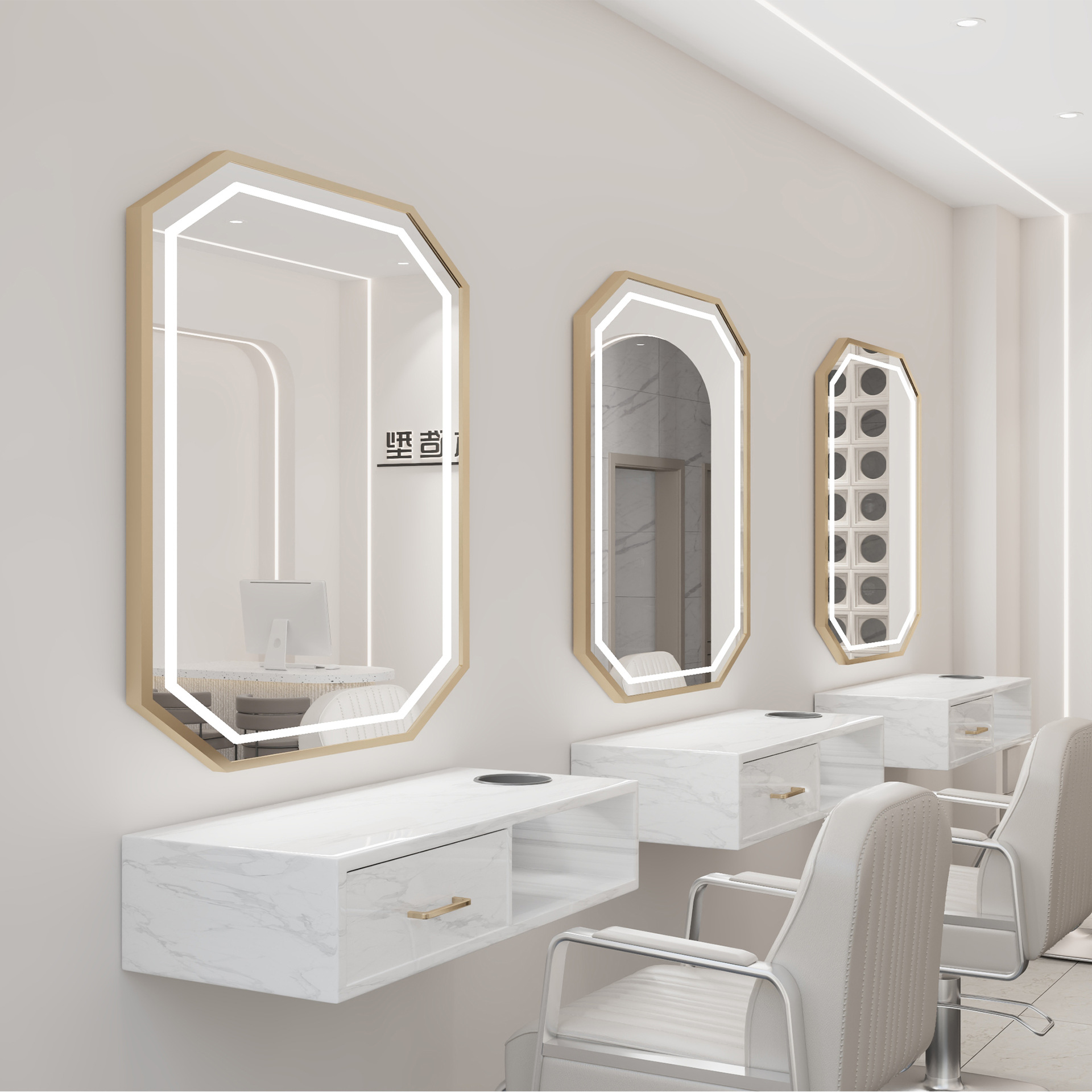 Nueva peluquería belleza con espejo de lámpara, peluquería integrada, área especial de teñido en caliente, tienda de moda de celebridades de Internet, gabinete de espejo de pared al por mayor