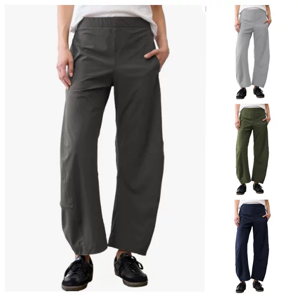 Women's Barrel-Shaped Travel Pants with Elastic Waistband, Narrow Loose Legs, Mid-High Waist Work Pants, Women's Cropped Pants