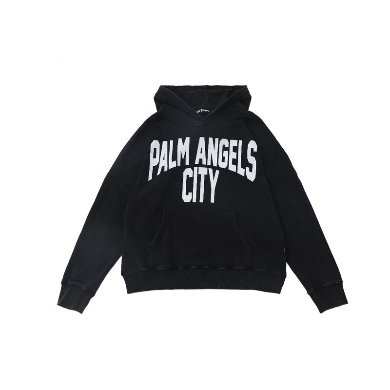 Palm Angels Gity Letter Print Hooded Sweatshirt Trendy Brand Washed Vintage Hoodie for Men
