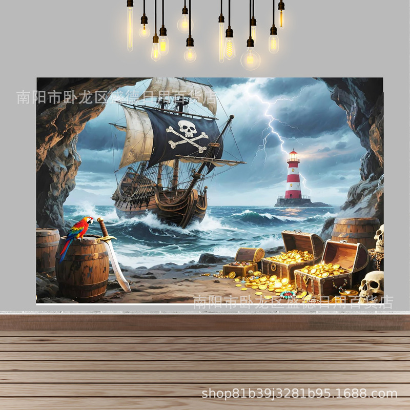 Cross-Border Pirate Ship Theme Party Layout Scene Props Photography Background Cloth Nautical Adventure Photo Decoration Banner