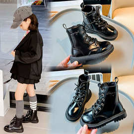 女童短靴2023冬季新款儿童洋气皮鞋中大童女孩演出时装黑色马丁靴