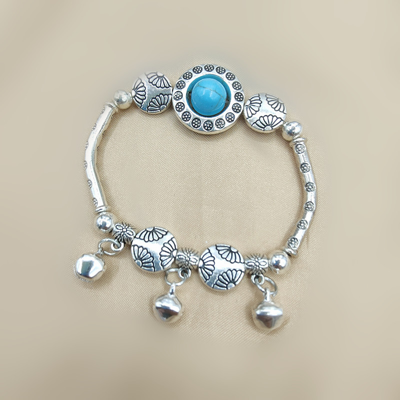 Cross-Border Vintage Blue Turquoise Bracelet Ethnic Style Imitation Silver Miao Ethnic Minority Jewelry Tourist Attraction Exhibition Bracelet for Women