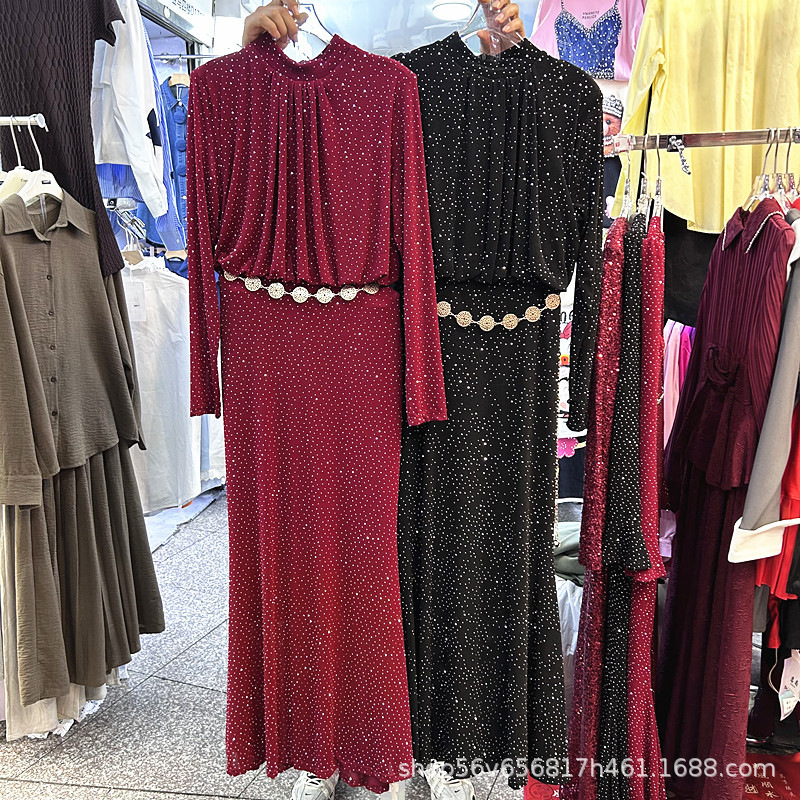Foreign Trade Cross-Border European Heavy-Duty Rhinestone Starry Sparkling Long-Sleeve Mermaid Dress for Women Fashionable Long Dress