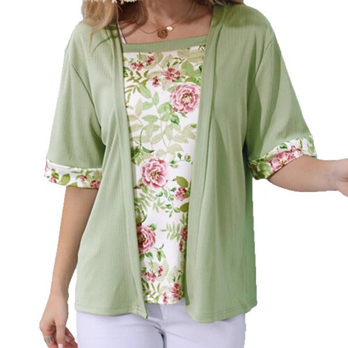 Large European and American TEMUwish women's clothing solid color print splicing two-piece short-sleeved T-shirt