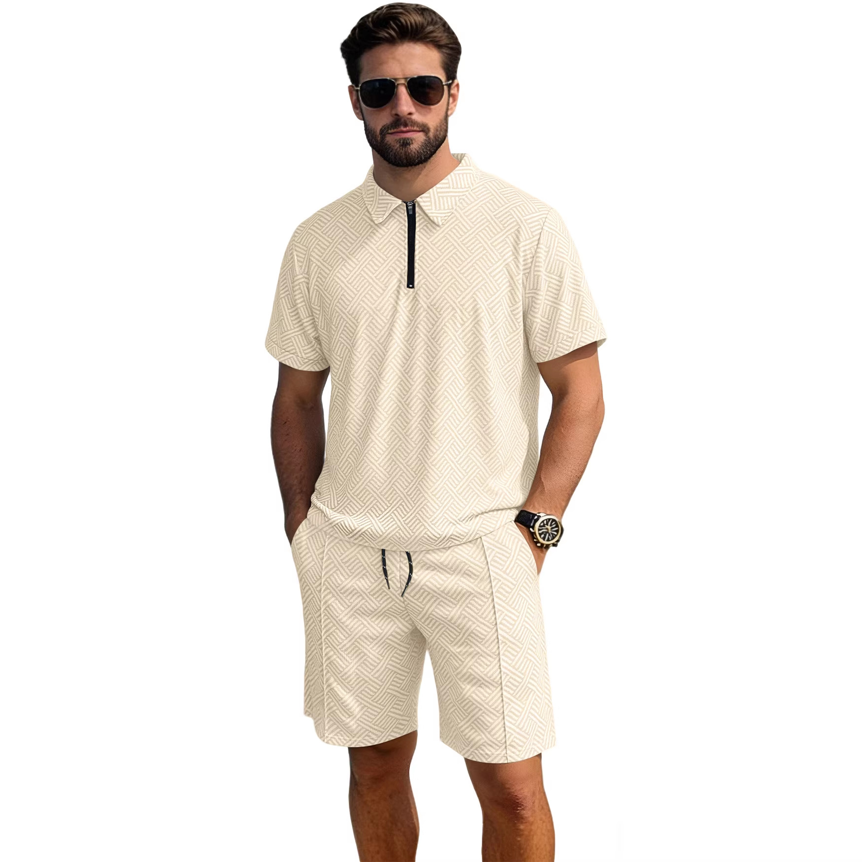 Verano transfronterizo nuevo hombre venta de cremallera manga corta polo vacaciones ocio comercio exterior manga corta set
