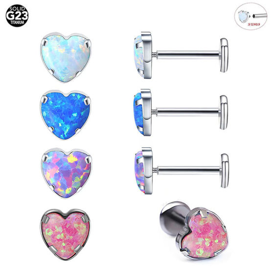 G23 Titanium Opal Heart-shaped Ear Nail Ear Bone Nail Lip Nose Nail F136 Titanium Cross-border Human Puncture Tongue Nail