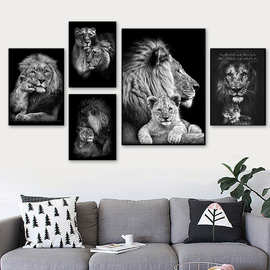 跨境热销图黑白动物家庭海报狮子家庭现代绘画图片装饰卧室晶瓷画