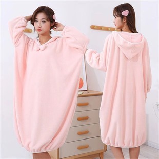 Autumn and Winter Thickened Bathrobe Women's Wearing Hooded Bath Skirt Adult Bath Bathrobe Loose Long Home Nightgown