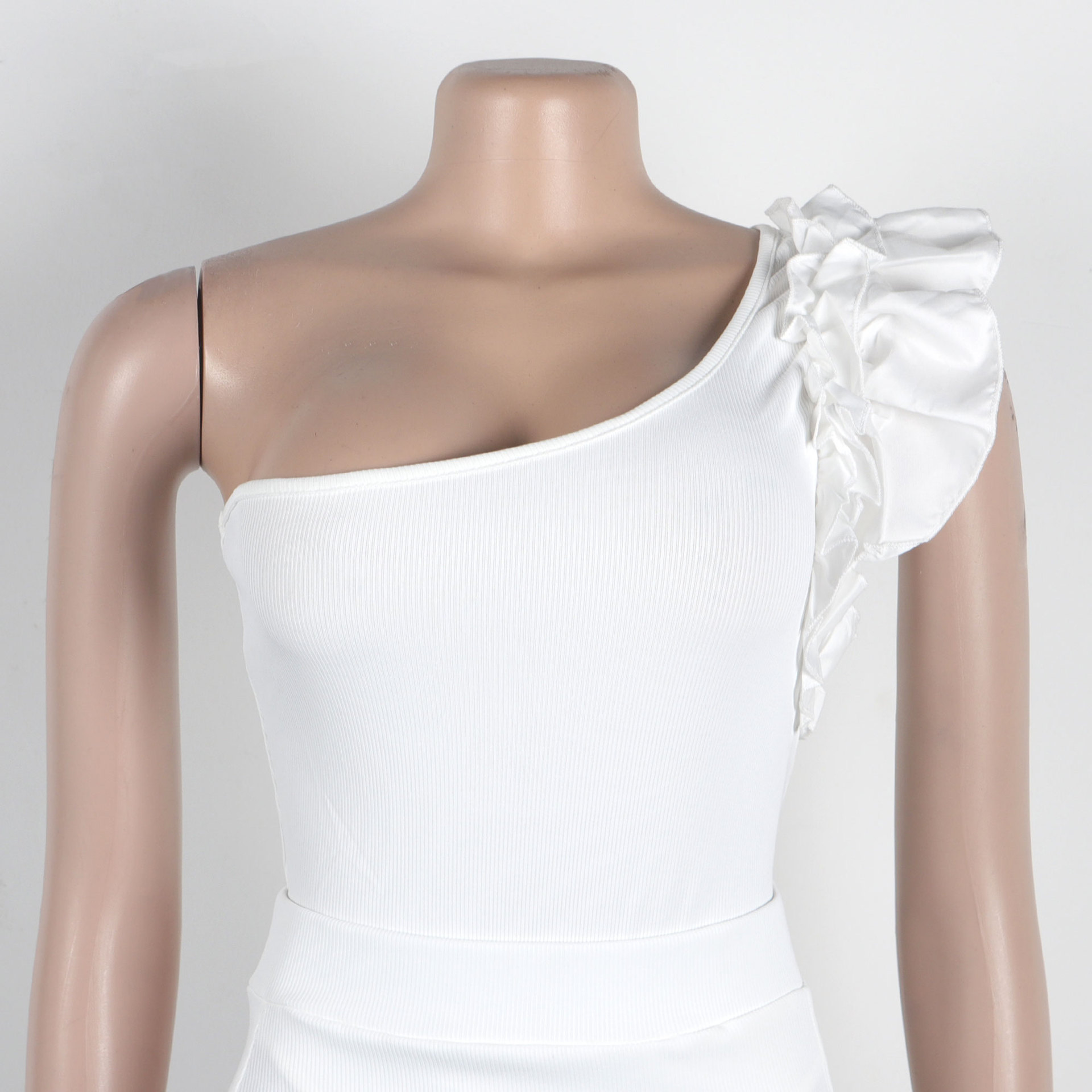 362g Weight Sleeveless Sleeve Length Polyester Fabric Type Skirt Co-ord Set Sets Type 2 Pieces Set Quantity Holiday Occasion One Shoulder Neckline Slim Fit Type Solid Color Pattern Summer Season Women's Gender Frill Design Elegant Style Holiday Women's Elegant Solid Color Polyester Frill Skirt Co-ord Set Skirt Sets 53