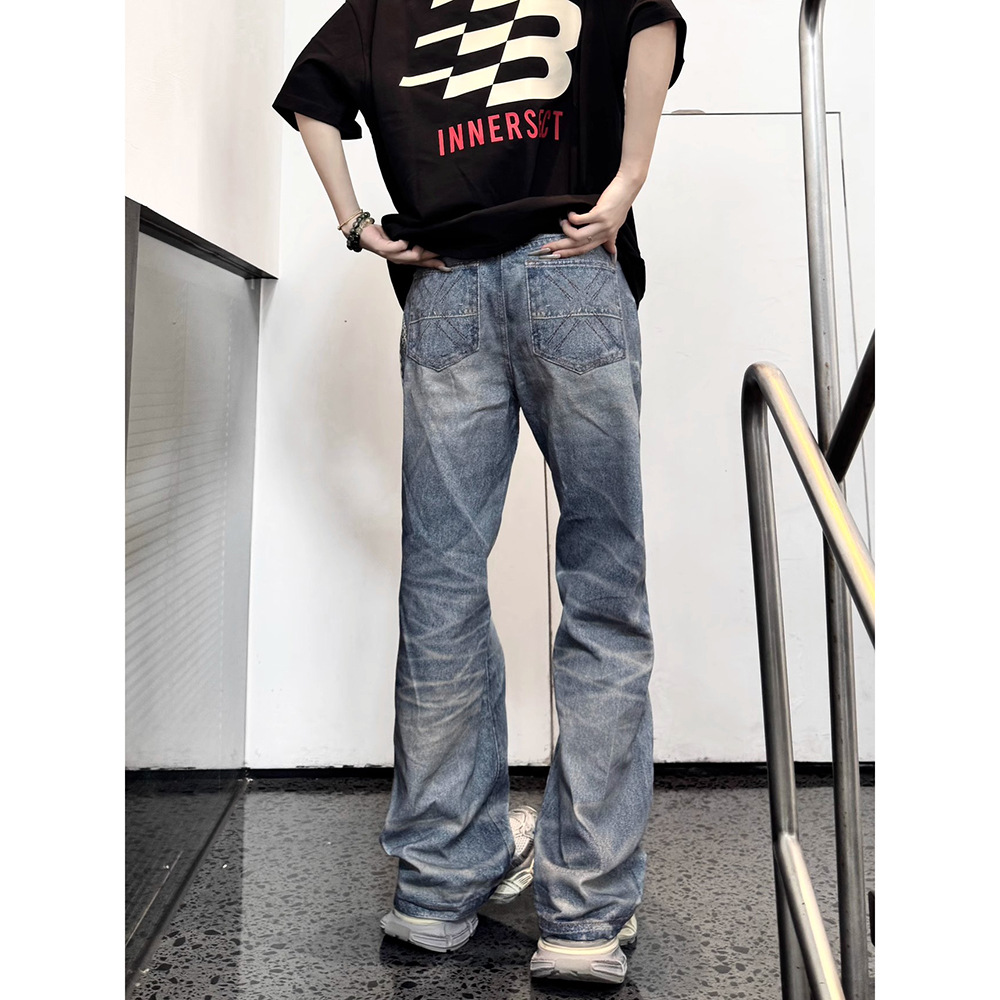 American-Style Washed Vintage 3D Printed Jeans for Men, Summer Loose Straight Trendy Versatile Wide-Leg Long Pants