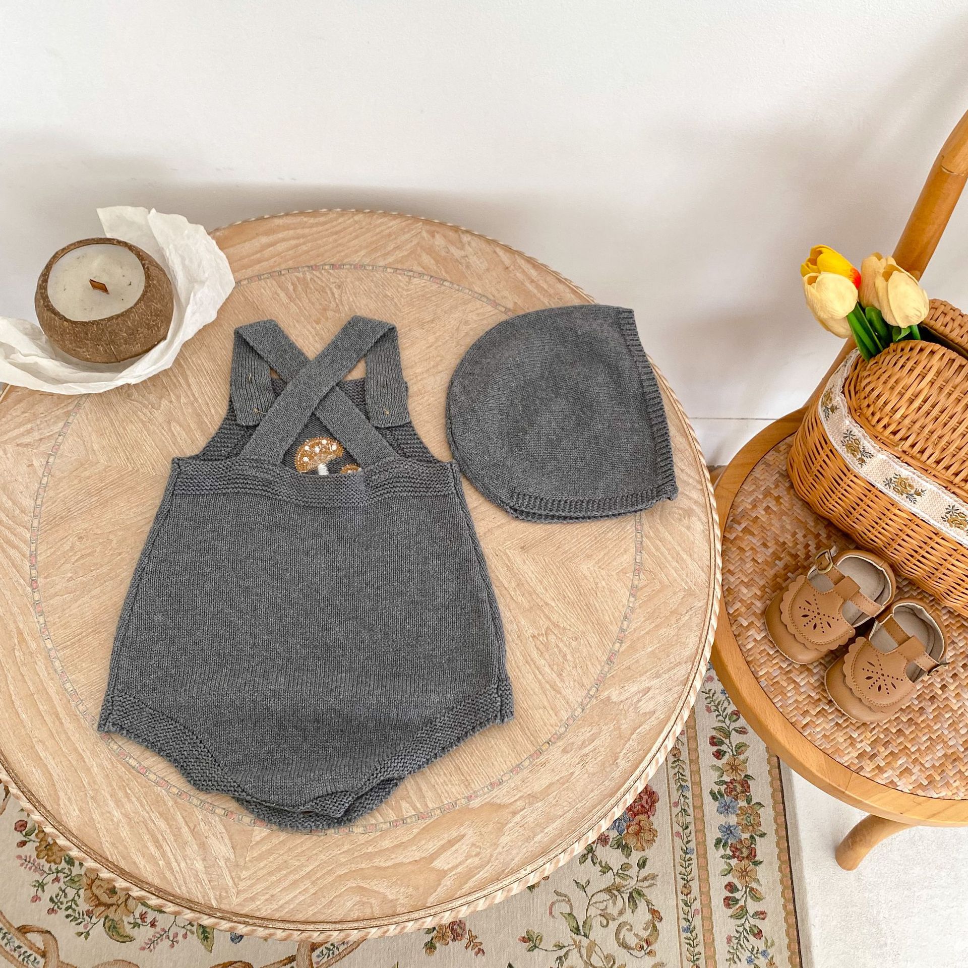 Abbigliamento autunnale 2024 per neonati, bambini piccoli, ragazzi e ragazze, giacca cardigan ricamata con funghi + kaki + ricamata_voghion.com