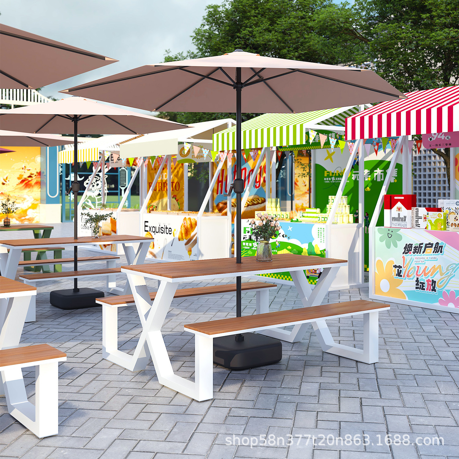 Outdoor Table and Chair Set with Umbrella, Simple Courtyard Park Milk Tea Barbecue Shop Cafe Conjoined Dining Table and Bench