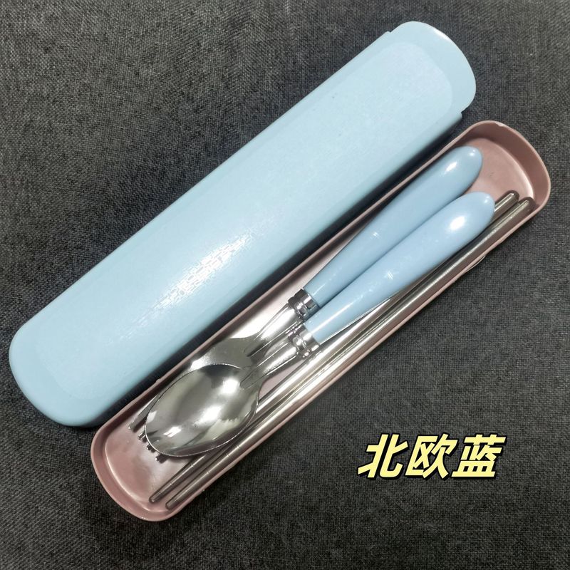 ステンレス製携帯食器、プラスチック製の持ち手付きフォーク、スプーン、箸、家庭用学生・子供用簡易食器3点セット、クロスボーダー|undefined