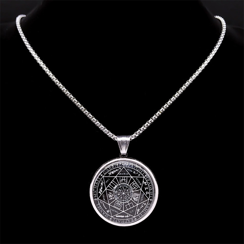 Collana con talismano Salomone in acciaio inossidabile e vetro con medaglia dei sette angeli, sigillo di protezione per gioielli_voghion.com