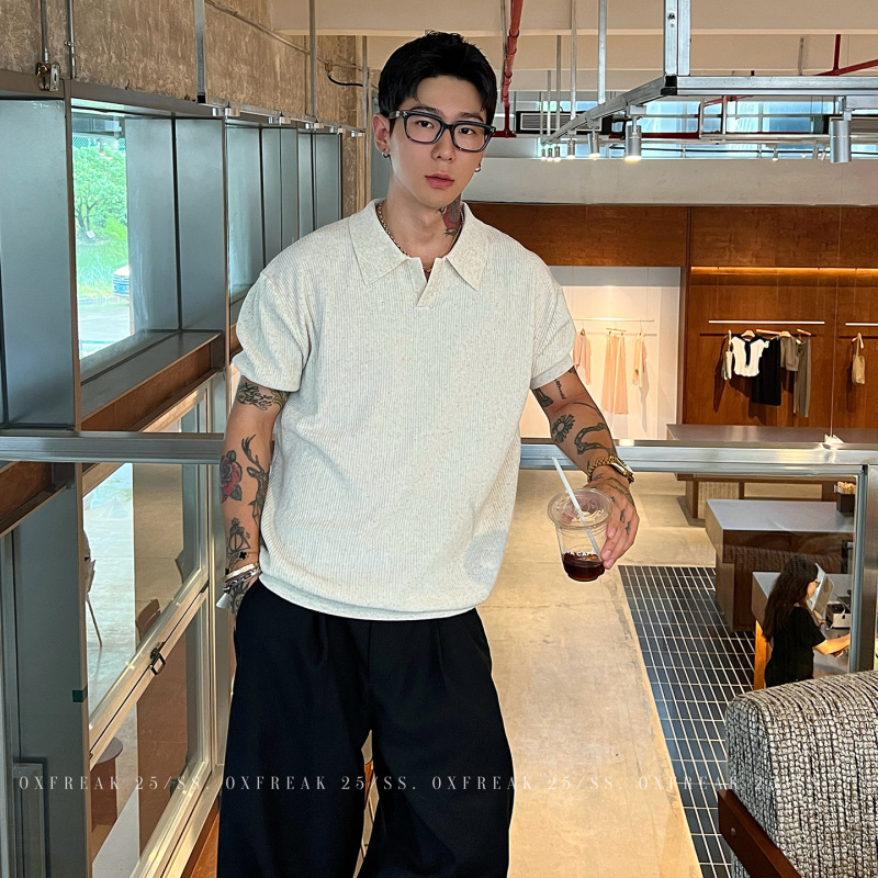 OXFREAK「老钱风 天丝亚麻」海鸥领褶皱针织polo衫男短袖翻领t恤|undefined