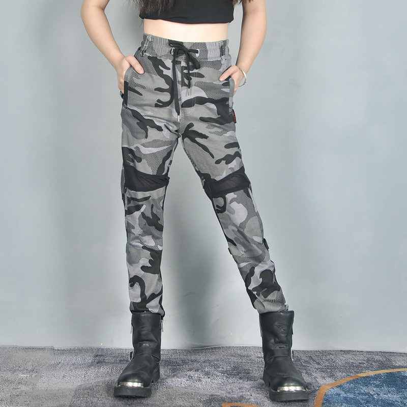 Volero motocicleta verano flujo de aire tobillo-atado pantalones de montar de dos vías de malla transpirable camuflaje motocicleta anti-caída pantalones para mujeres