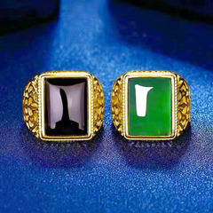 歐美時尚仿瑪瑙菱騰金色戒指個性簡約男士仿瑪瑙玉髓寶石戒指環