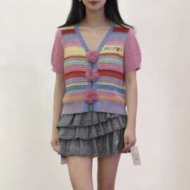 2026春夏季多巴胺彩虹色系蝴蝶结针织短袖开衫修身显瘦上衣女