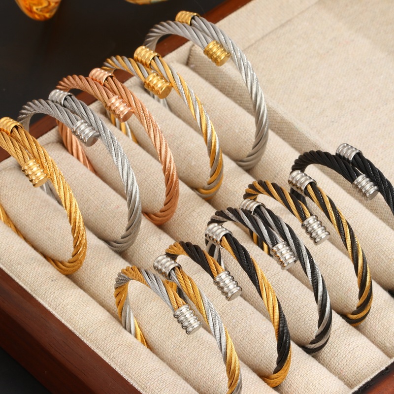 Foreign Trade Supply Jewelry Personalized Stainless Steel Winding Geometric Cable Wire Rope C-Shaped Open Men's Bracelet