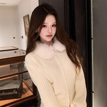 2025毛领拼接双拉链毛衣外套女秋冬新款别致慵懒风百搭显瘦针织衫