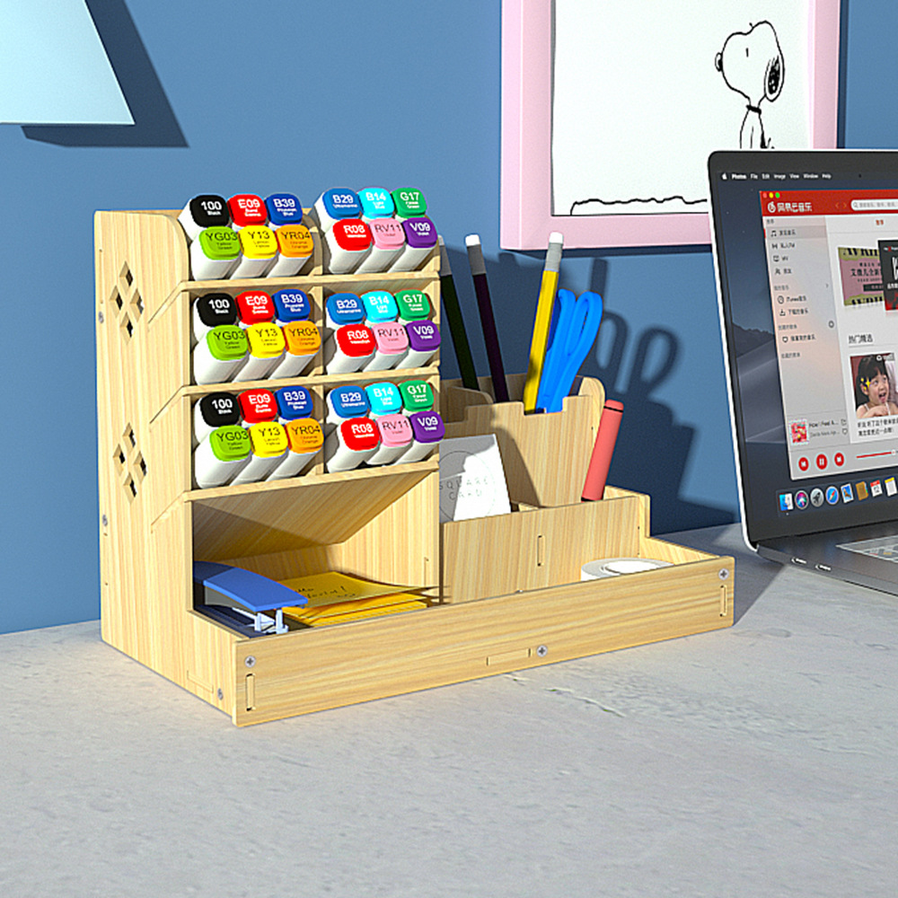 De madera del norte de Europa-estilo caja de almacenamiento escritorio marcador organización caja multi-rejilla plegable Oficina escritorio almacenamiento