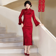 红色加绒加厚冬装国风中式长袖改良旗袍女复古新娘结婚敬酒服冬季
