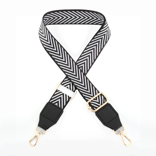 Black and white triangle stripes + black leather + gold buckle