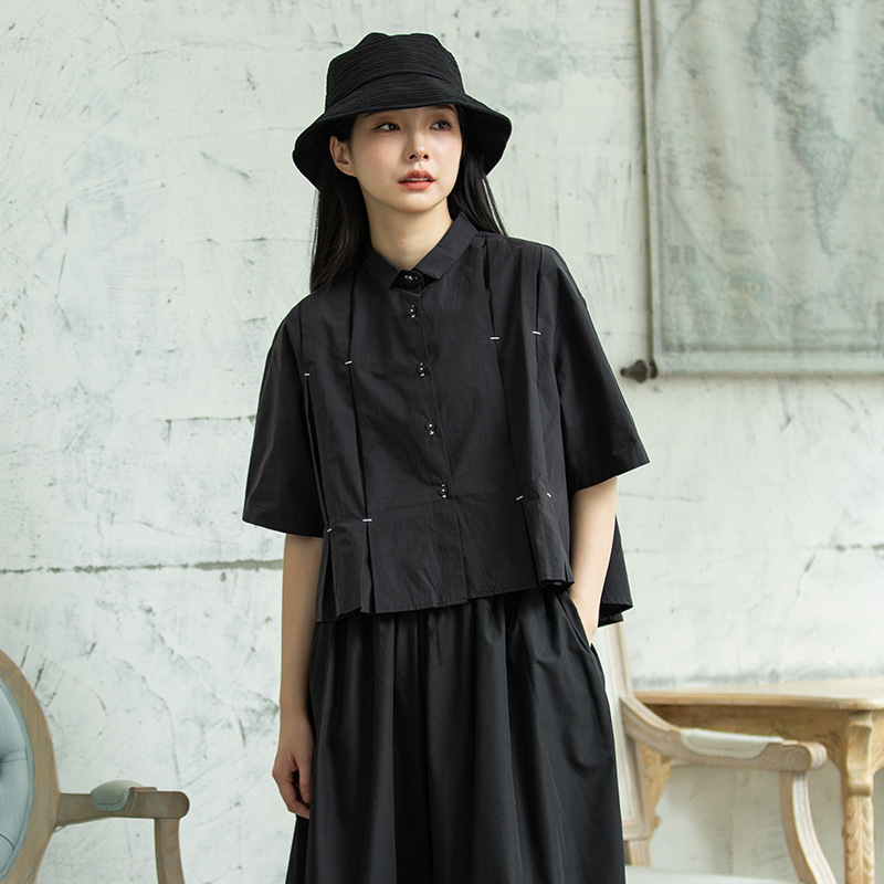 Yamamoto Japanese Style Design Pleated Short-sleeved Shirt Women's Summer Lazy Style Casual Loose Short Shirt