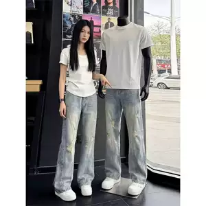 Retro washed distressed jeans, unisex, autumn high-street style, loose straight-leg wide-leg floor-length pants
