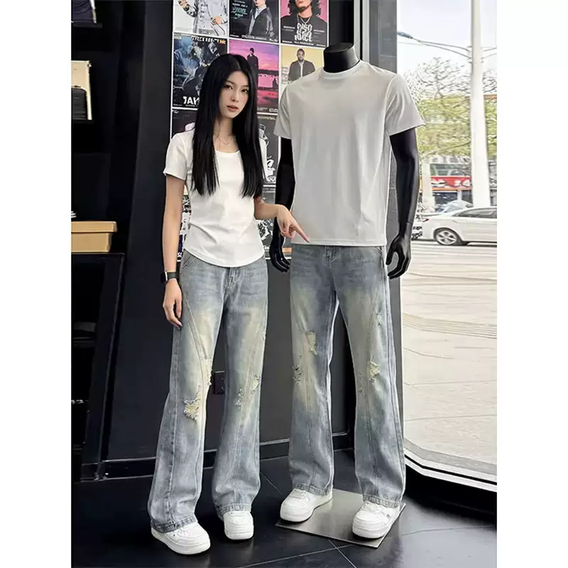 Retro washed distressed jeans, unisex, autumn high-street style, loose straight-leg wide-leg floor-length pants