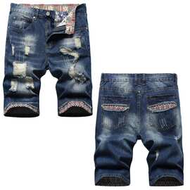 欧美潮款夏季多位破洞乞丐立体猫须花布配色国旗裤头直筒牛仔裤男