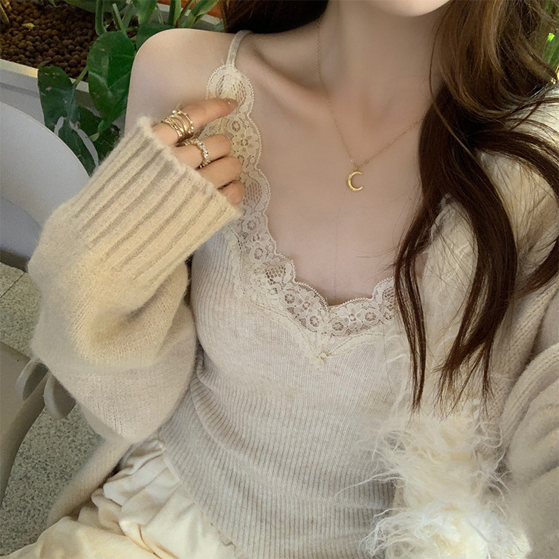 Lace Camisole Women's Inner Layer Knit Vest 2025 New Autumn and Winter Outerwear Niche V-Neck Top Can Be Worn Outside